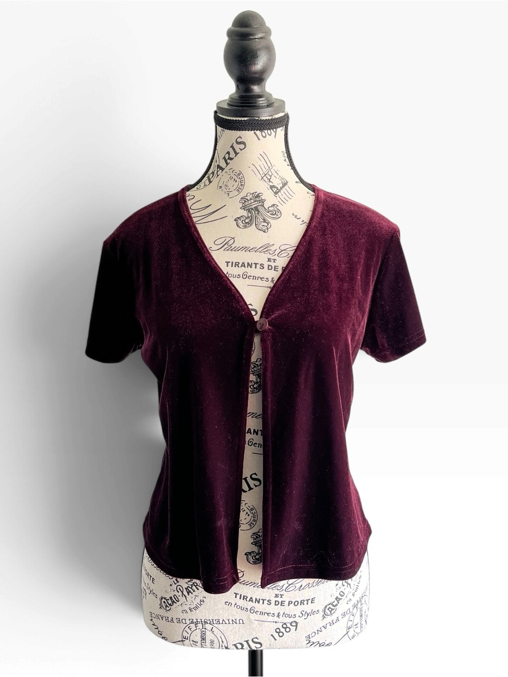 🇨🇦 Vintage Scarlet Burgundy Velvet Top Cardigan Short Sleeve Whimsigoth 90s Y2K